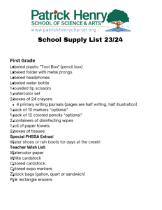 1st Grade supply List
