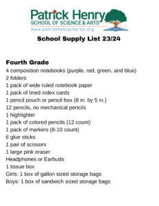 fourth grade supply list. click for pdf