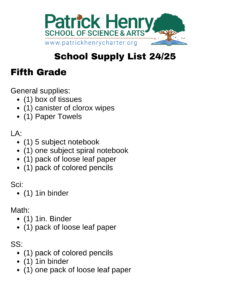 fifth grade school supply list