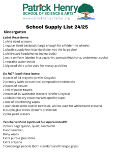 Kindergarten supply list. click to read pdf